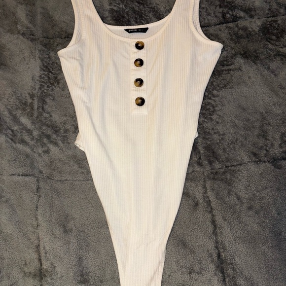 SHEIN Tops - Shein Cream Ribbed Bodysuit with Button Detail